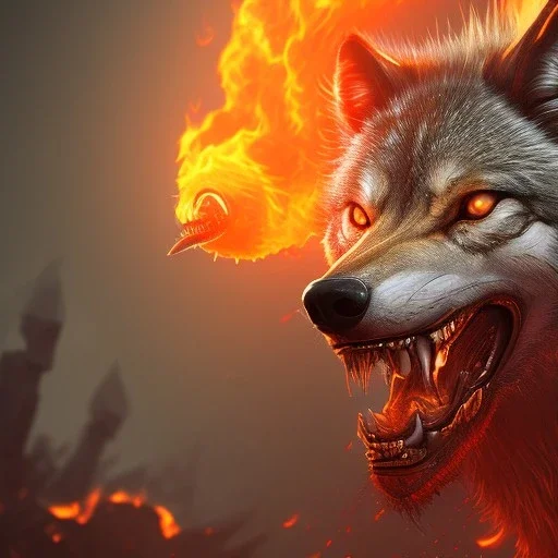 Wolf, Monster, horror, huge, red, orange, fire, blood, gore, teeth, 8K, cinematic lighting, sharp focus, masterpiece, expert