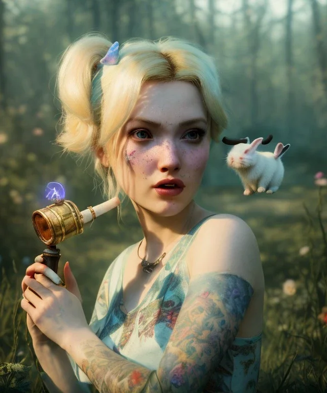 Ultra realistic wonderland photo, happy blonde woman smoking a pipe, blue dress, white rabbit pet, circus dress style, old school tattoo, smoke, marijuana garden, glow eyes, perfect iris, soft color, highly detailed, unreal engine 5, ray tracing, RTX, lumen lighting, ultra detail, volumetric lighting, high definition.