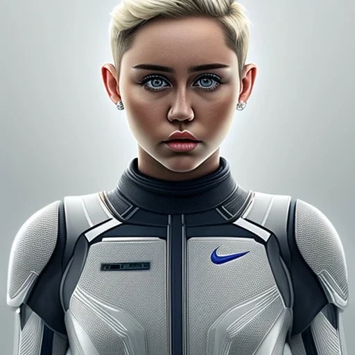 Miley Cyrus, star wars uniform, gray uniform, movie poster, heroic gaze, hair bun, wide angle lens, full torso, intricate, detailed, hand-painted, realistic, perspective from below