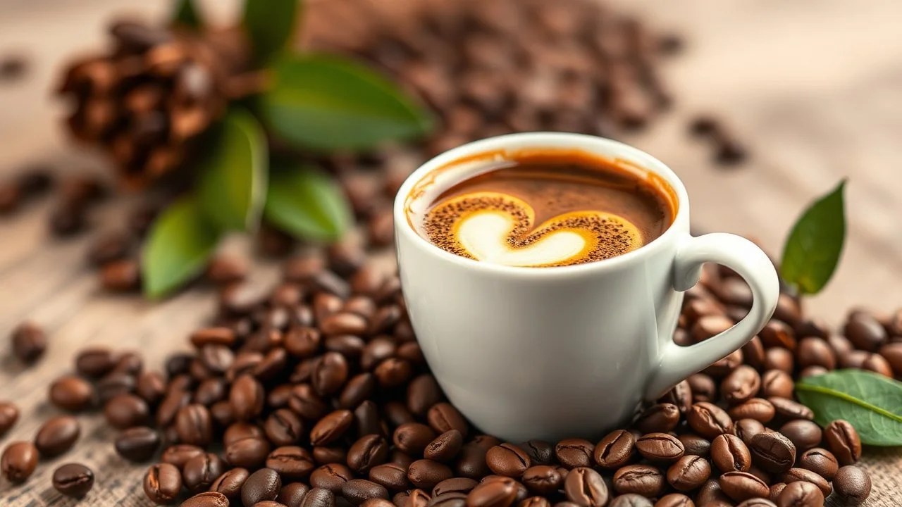 A cup of coffee with an Arabic coffee heart and coffee beans in an amazing theme