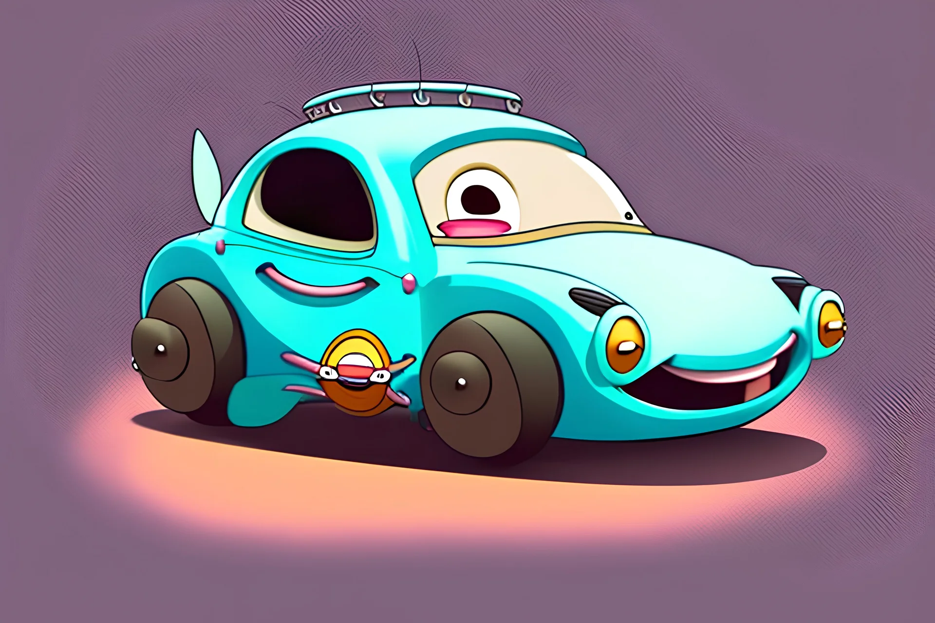 whimsical cartoon car with big eyes and its front grill forming a friendly smile, with a mouse character riding on it.