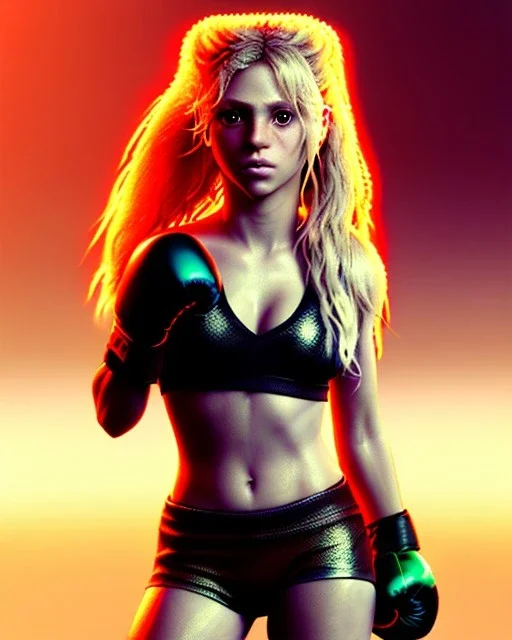 portrait, Shakira, blonde artist, angry, Realistic image, boxing robe, hoodie, mouthguard, nose band aid, loose long hair, eyes make up, perfect, glow, circle iris. Rain, fog, Neon colors, leds. Dark background, photo studio, neon lights. concept art, smooth, unreal engine 5, god lights, ray tracing, RTX, lumen lighting, ultra detail, volumetric lighting, 3d, finely drawn, high definition, 4k.