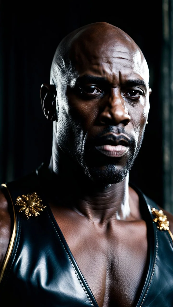 Idris elba x morris cheshunt as a handsome dark skinned and muscular heavy set man with a bald head and neatly trimmed beard. he is wearing a leather waistcoat and no shirt. he has a gold earing in his left ear