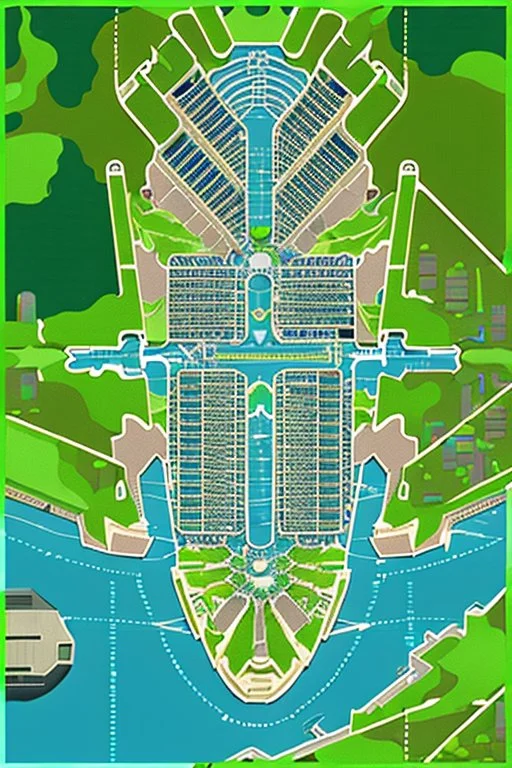 high detail map of an entire tropical dystopian small capital city