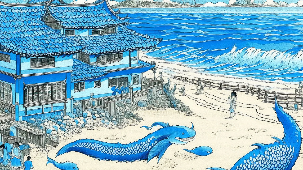 A blue mermaid themed resort on a beach painted by Katsushika Hokusai