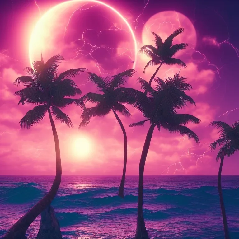 1980's vaporwave aesthetic palm trees with lightning with solar eclipse in the ocean waves sunset