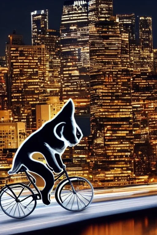 A pedaling cat riding a bicycle is flying at night over tall buildings.