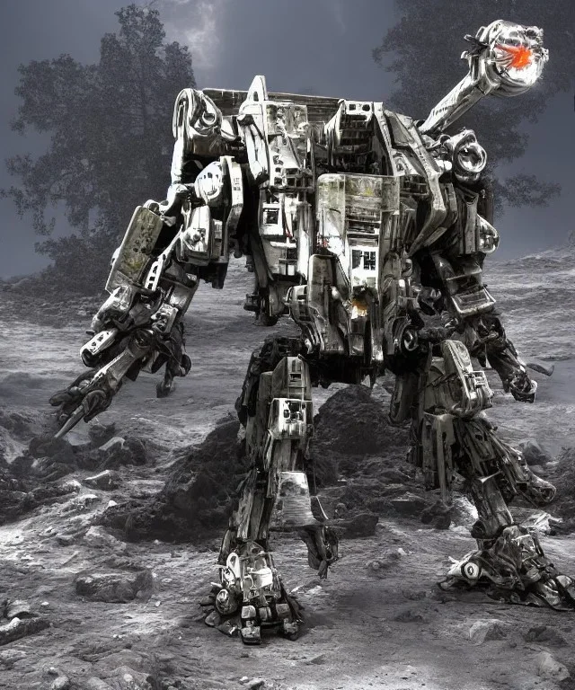 Crashed photorealistic futuristic destroyed mechanical mechwarrior transformer war hammer abandoned wreckage in old battlefield blast crater on the lunar surface ancient pyramid temple