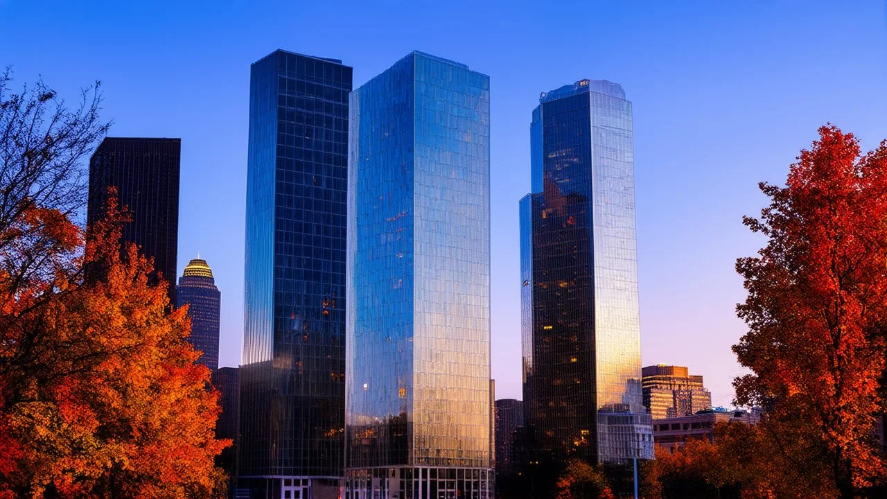 Downtown with glass towers, autumn, evening