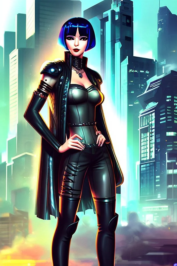 full-body-art of a woman with a bob with a fringe hairstyle, Cleopatra clothing, black knee-high boots, cyberpunk city background