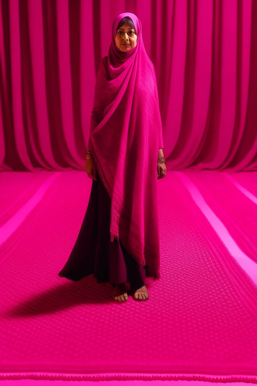 A veiled woman stands on a pink carpet