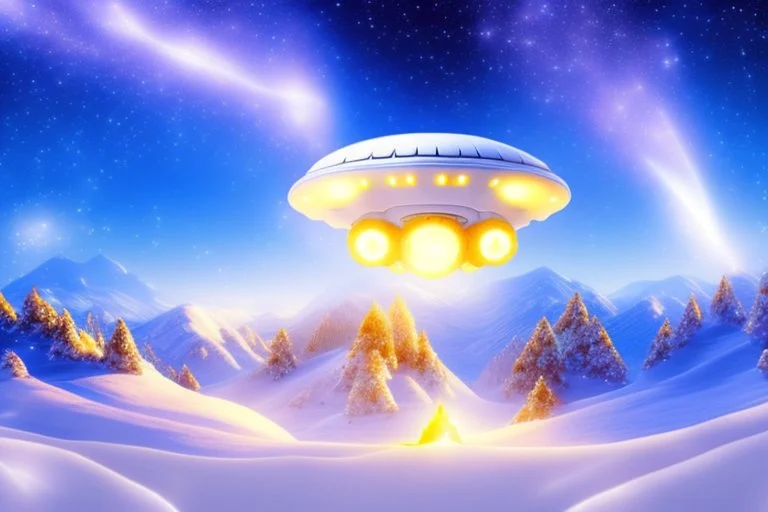 white spaceship ufo with light in the below. the landscape is a fairy colourfull forest with snow sweety mountains. the sky is blu with stars and brightness beam