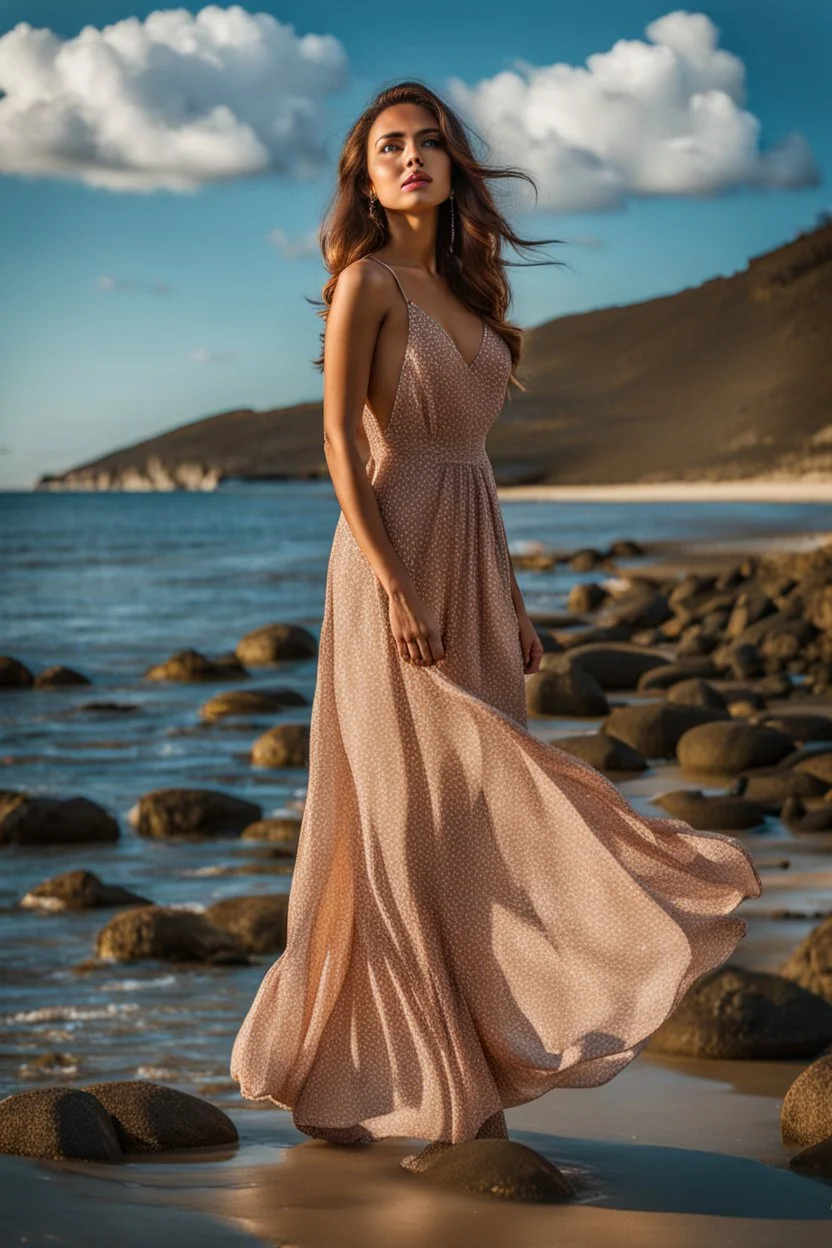 young lady wearing beautiful maxi dress standing in beach posing to camera ,ships in sea ,blue sky nice clouds