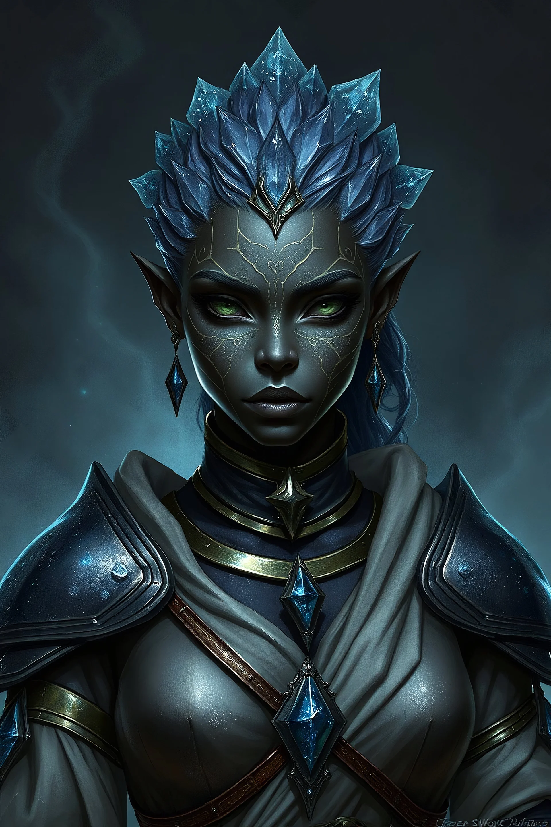 Please generate a female earth genasi cleric in the tempest domain for D&D. She should have dark-colored skin with glittering sparkles like gem dust. She should have lines marking her skin like cracks, showing glimmering gem-like veins. Her hair should appear carved of crystal. She should be in her mid-40s and fully-clothed in cleric robes and heavy armor. She is also a former sheep farmer.