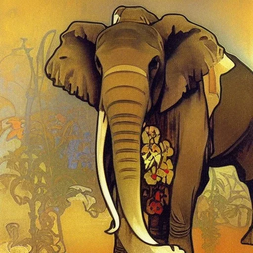 an oil painting of an elephant by alphonse mucha