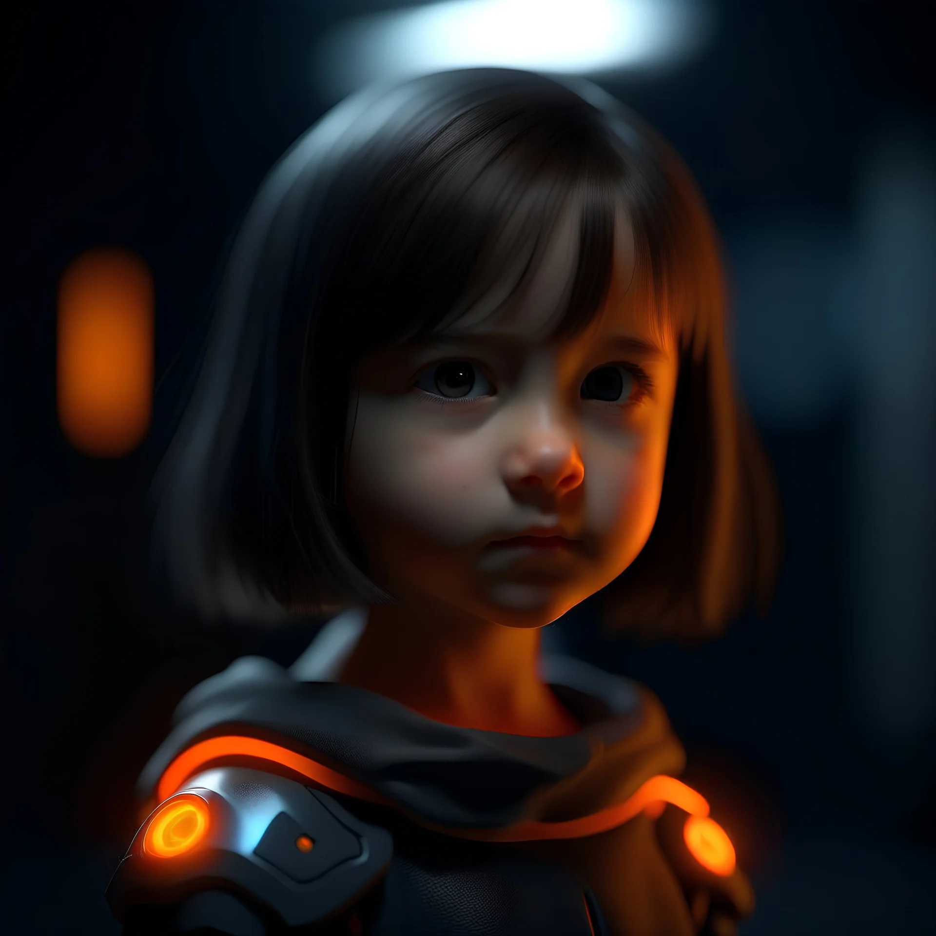 little girl, bob hair cut, unreal engine, professional movie light, beautiful, whole body, grey blurred background, orange rim light, half portrait, cute, black hair, futuristic clothes