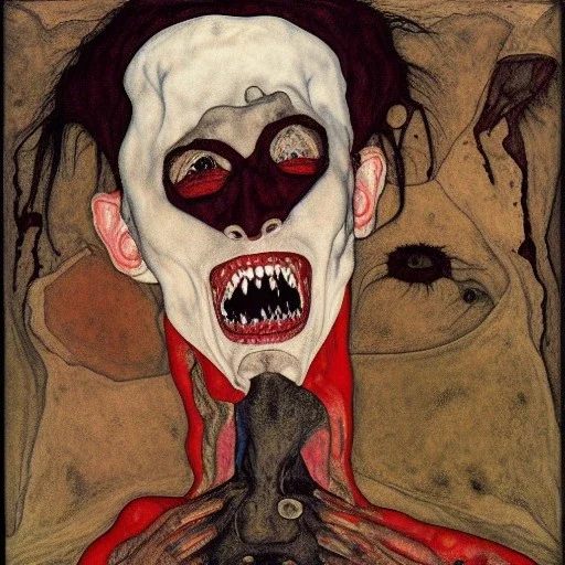 Horror Disfigured bald Vampire,blood big canine teeth with blood,full body by egon Schiele,