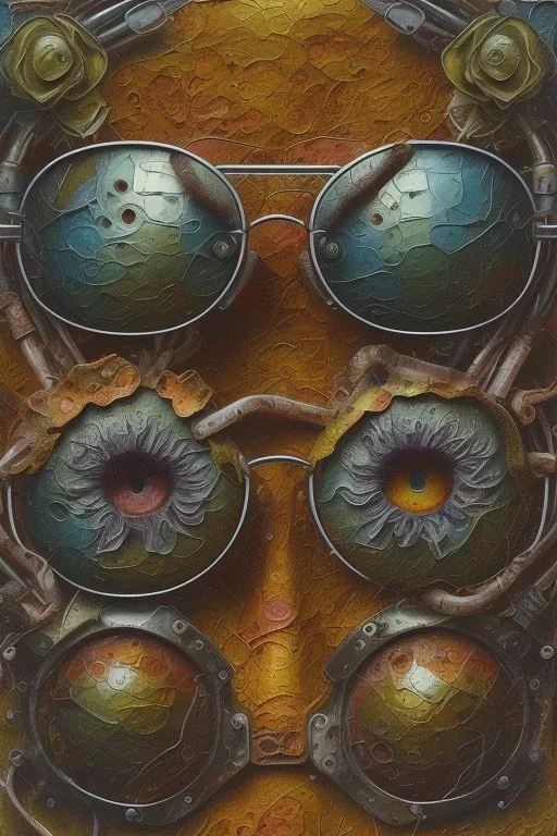 an abstract painting of flowers, by lucian freud and klimpt, rust, scaffolding, iron cladding, decay, mixed media, textured, anatomically correct, two beautiful women perfect face, green eyes, aviator sunglasses, sharp focus, highly detailed. desolate background. the royal tenenbaums