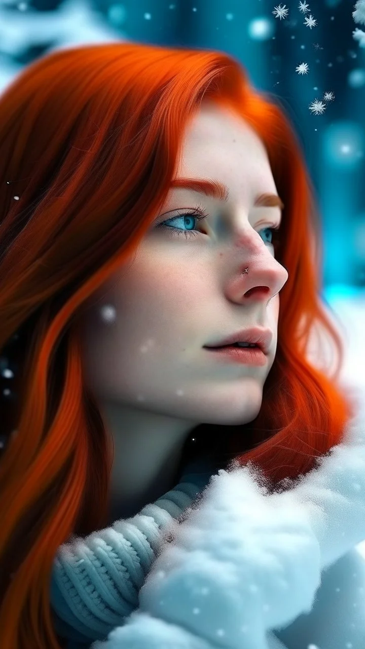 beautiful girl with red hair dreaming of a love world with a snow