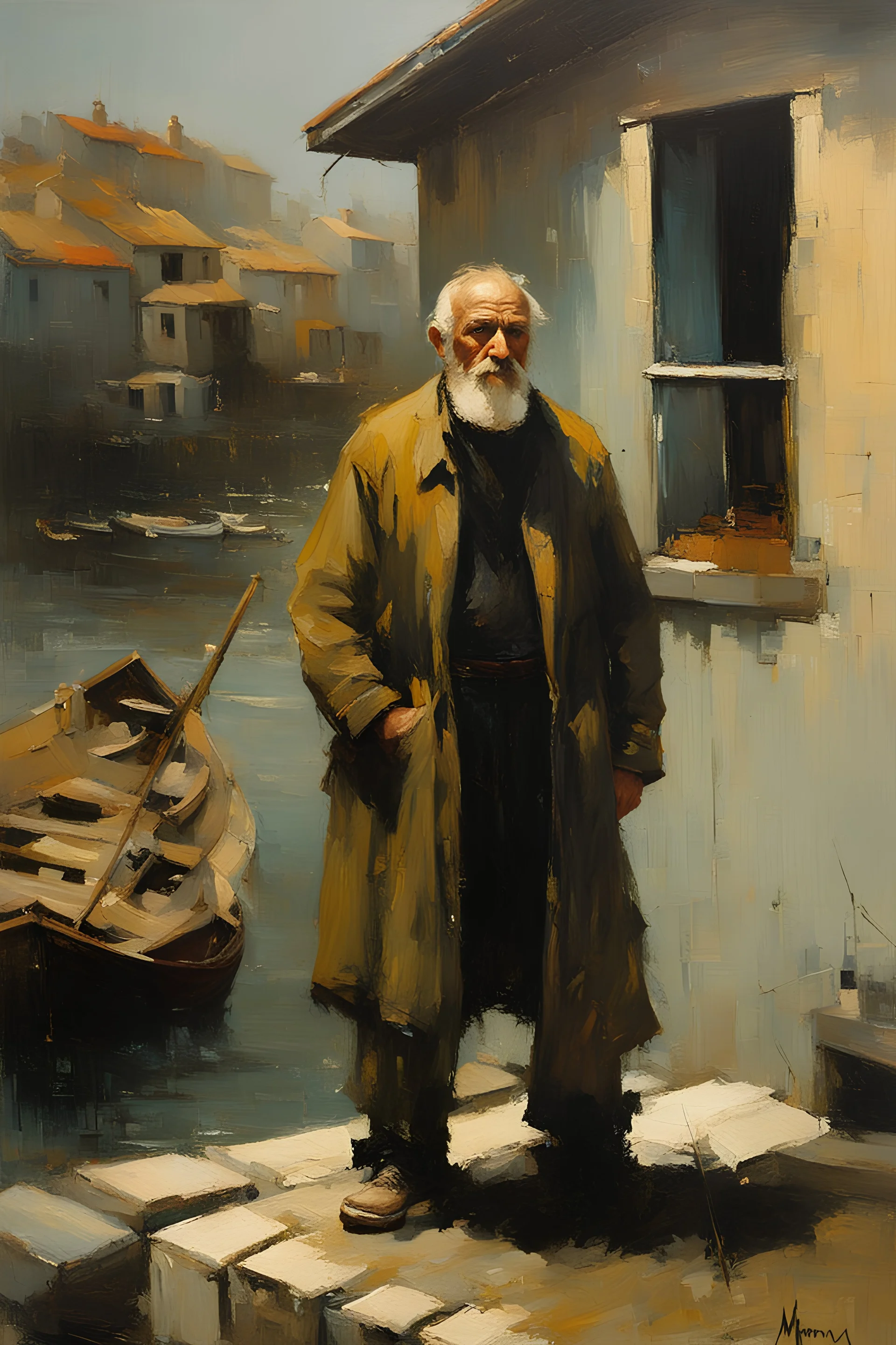 Masterpiece, best quality, oil painting, Jeremy Mann style, old fisherman standing on front of his house looking out on the harbor