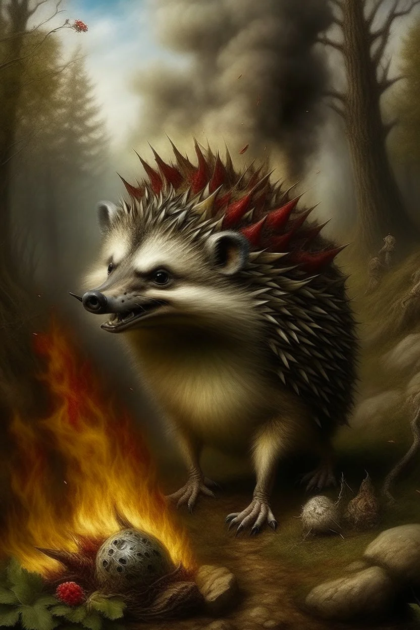 Scary wild hedgehog in Crocs, witches pants, mohawk, clearing, trees, smoke in the background, realistic, Busch painting style