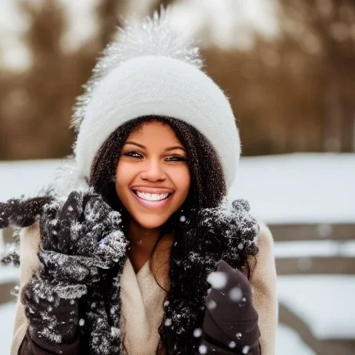 Image of a black woman with brown eyes, perfect smile, and brown coily hair in winter wonderland