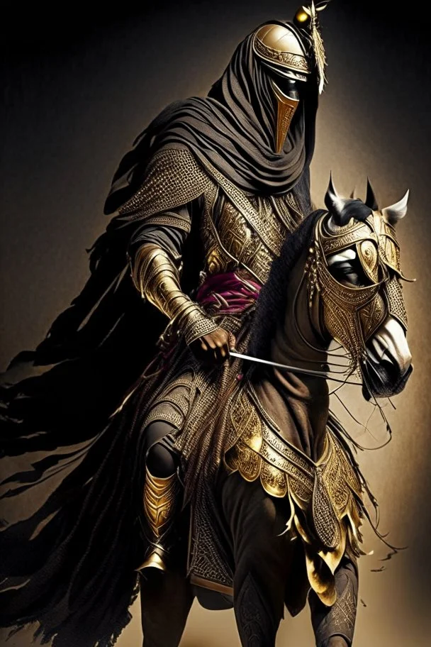 Arab warrior Full Body Full Armored Wearing Face Masculine Mysterious Powerful Fantasy High Quality Carrying his bow Golden clothes His horse behind him