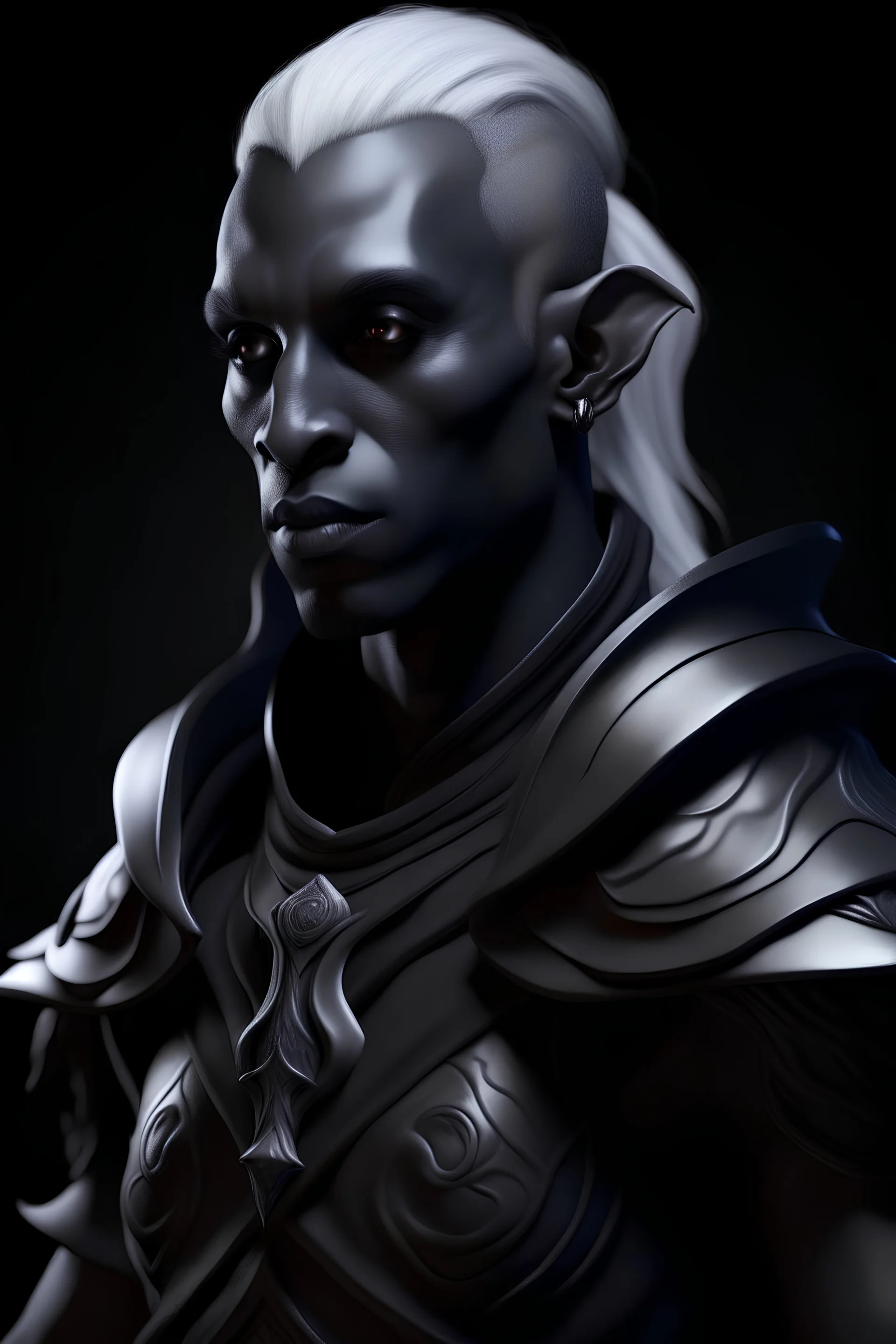 dnd character art of a drow. high resolution cgi, 4k, ears, dark-charcoal-gray skin, unreal engine 6, high detail, cinematic, male.