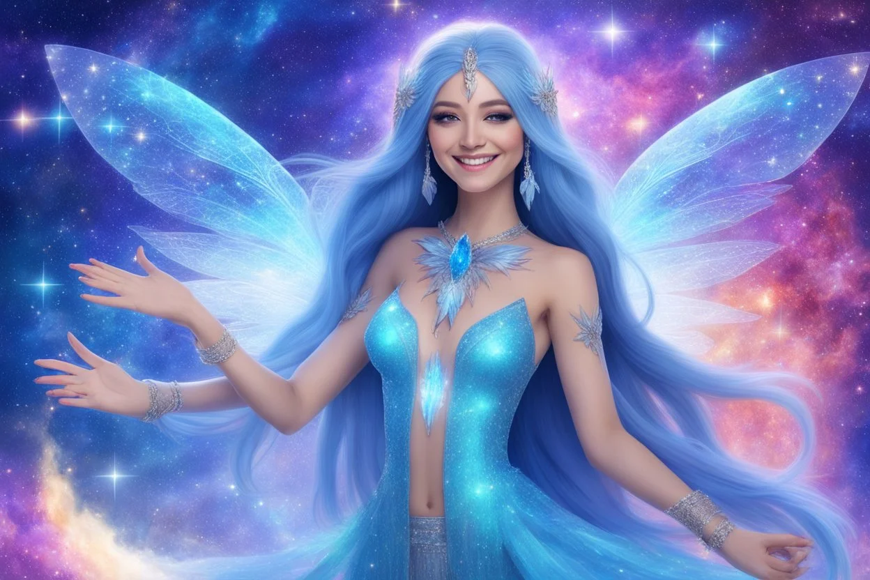 A beauty Fairy women with long blue straight hair. She has Crystal wings and sweety elegant smile.She Is a magic sacred dancer in cosmica ceremony..the background Is a magic coloured bright galaxy, with a stars. She Is so fine gentle and with grace