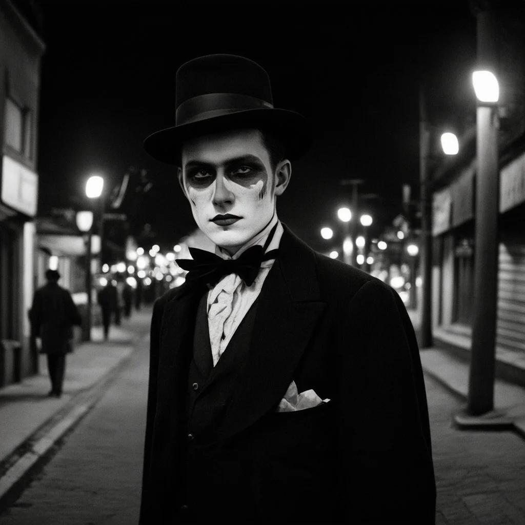 very grainy discolored modern photo, closeup portrait, dark night street with no lights, grunge, male with chalk-white skin wearing a 1910's costume, elegant, knowlegeable