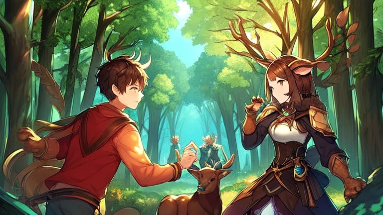 Girl and Boy, forest, ,deer hoof foot, brown hair,hoof hand