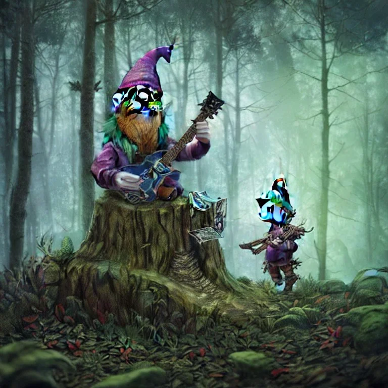 punk gnome playing dj set, magic luminous forest background, digital Art, perfect composition, beautiful detailed intricate insanely detailed octane render trending on artstation, 8 k artistic photography, photorealistic concept art, soft natural volumetric cinematic perfect light, award - winning photograph, masterpiece, raphael, caravaggio, greg rutkowski, beeple, beksinski, giger, chiaroscuro, pixar