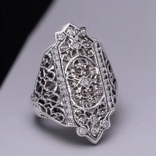 platinum and diamond filigree art noveau ring, breathtaking, highly ornate, delicate, intricate, photorealistic, high fashion, fine jewellery, luxury, designer