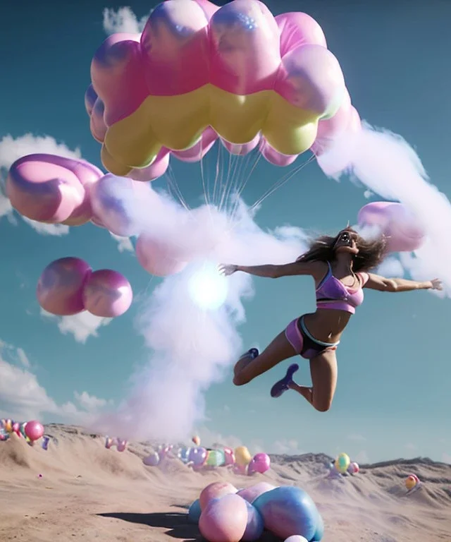 Ultra realistic speed clouds sky scene, wide angle view, sweet women falling down, inflatable color clothing, free jumping flying, many trinkets, hair monster, many jelly beans, balls, color smoke, smile, happy, circus style, extreme, wind, clouds sea, 20,000 feet altitude, stratosphere, soft color, highly detailed, unreal engine 5, ray tracing, RTX, lumen lighting, ultra detail, volumetric lighting, 3d, finely drawn, high definition, high resolution.