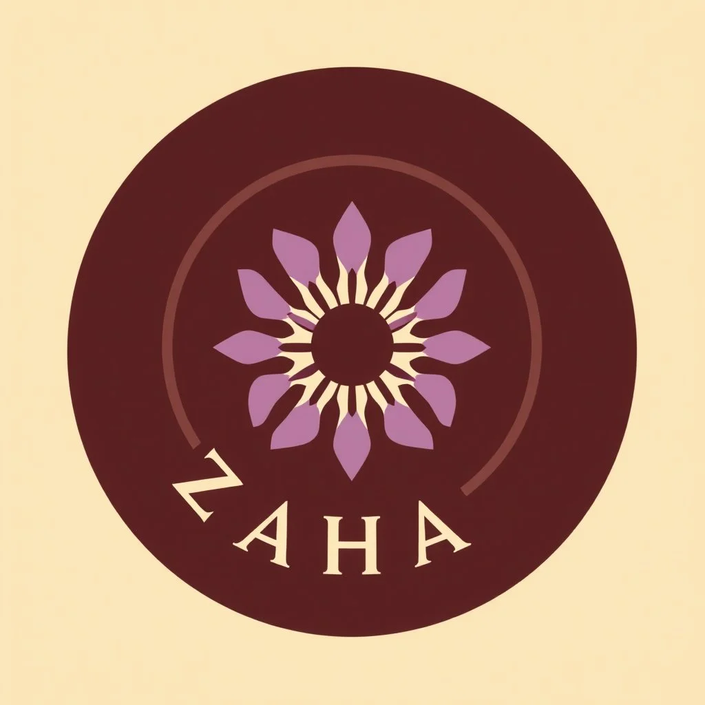 A circle logo with the name (ZAHA) for a cafe with a symbol of the sun and the color purple