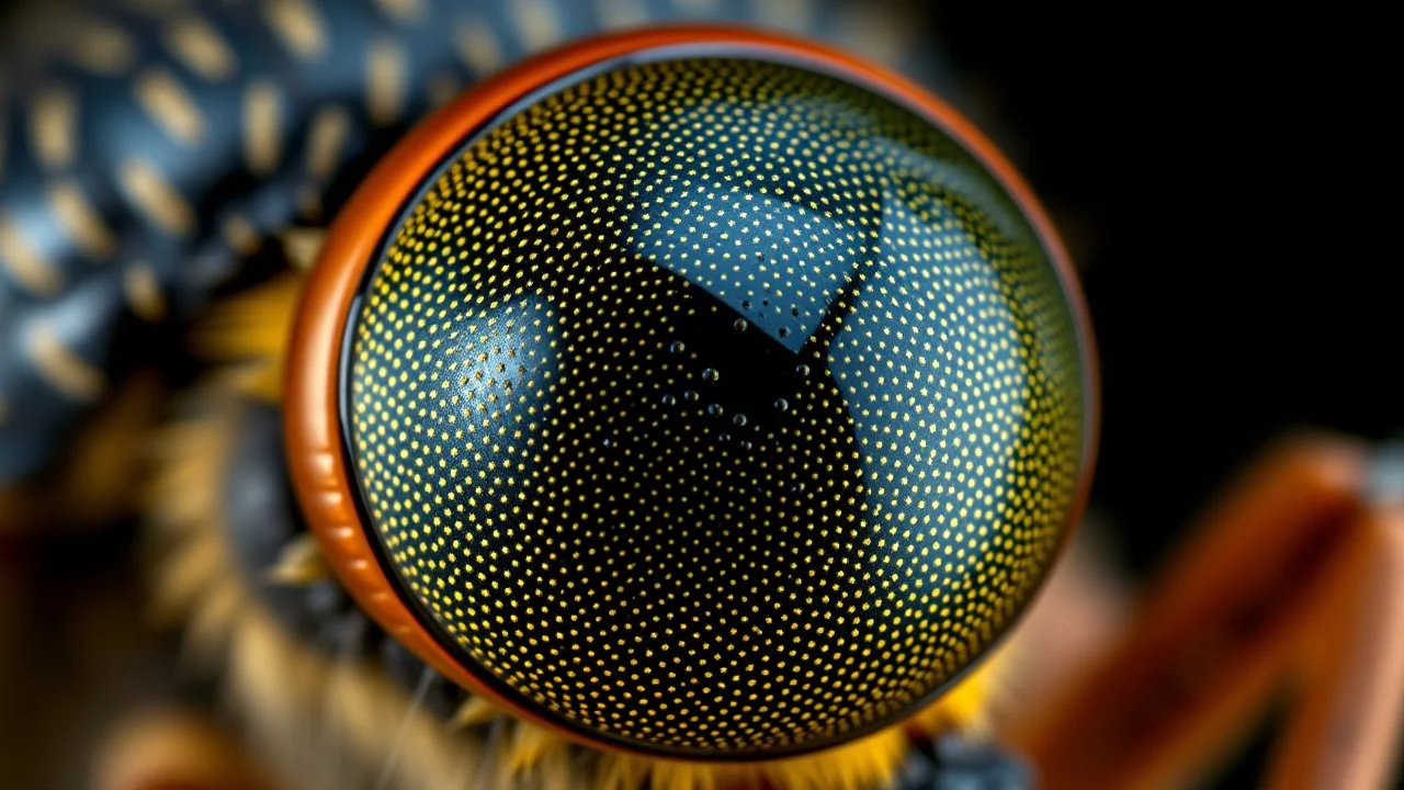 A detailed photomicrograph of an insect's compound eye, with hundreds of tiny, hexagonal lenses that make up the eye. The image highlights the eye's complex, multifaceted structure and reflective properties. Beautiful award-winning photograph, inspiring, rule of thirds, balanced delightful composition, perfect lighting, superb detail, 16k render