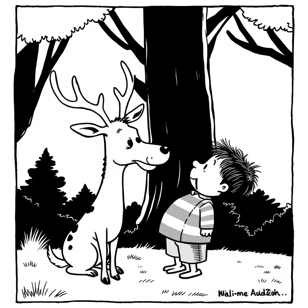 Gary Larson illustration of a quirky deer talking to a fat kid, cartoon cell, black and white