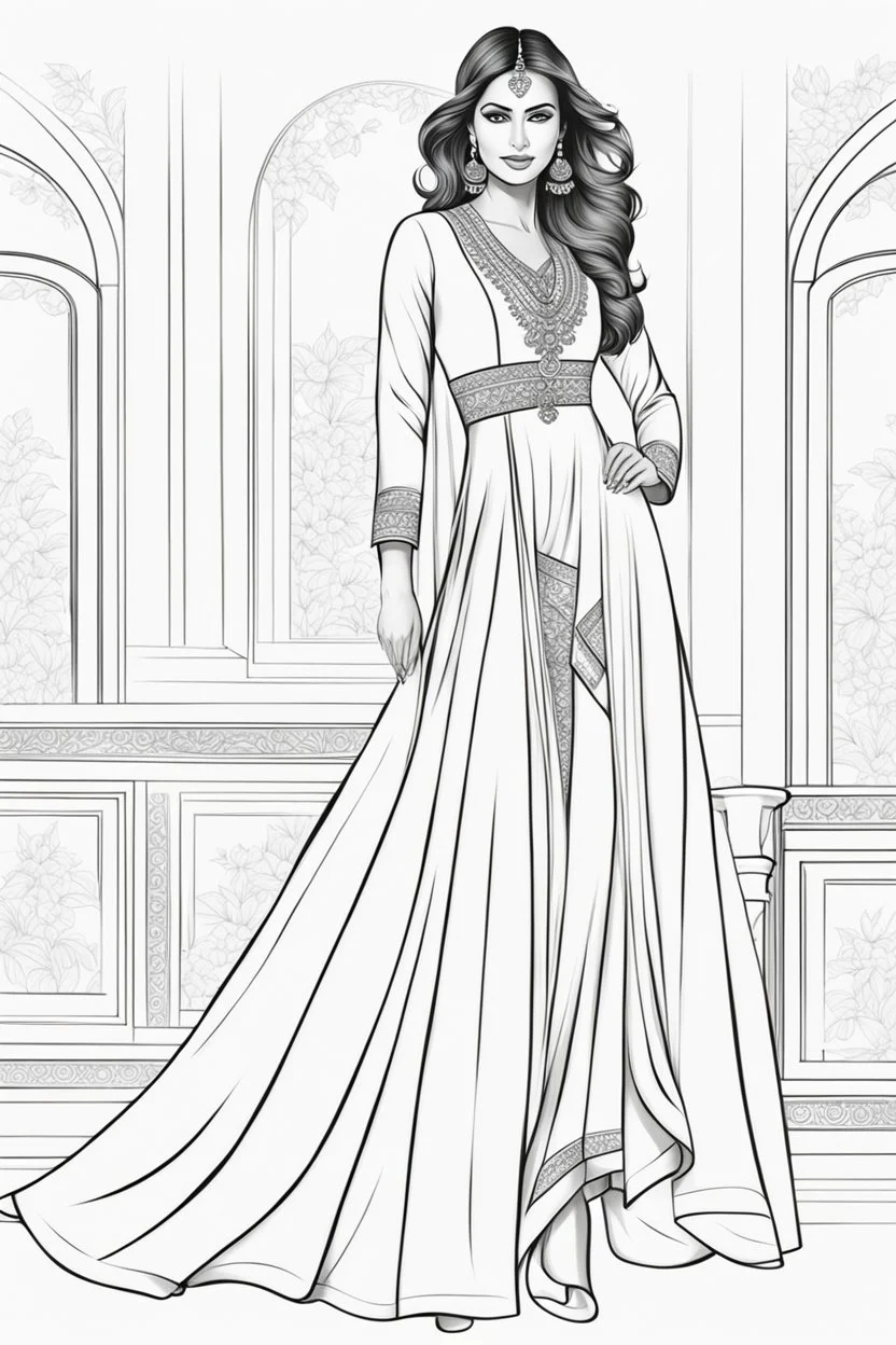 Coloring page for adults of a elegant fashion model woman wearing hindi dress, dynamic poses, full body portrait, thick and clean lines, clean details, no-color, no-turban, no-background, non color, non shading, no-grayscale, dynamic poses, full body portrait, thick and clean lines, clean details, no-color, no-turban, , non background, non color, non shading, no-grayscale, no color hair