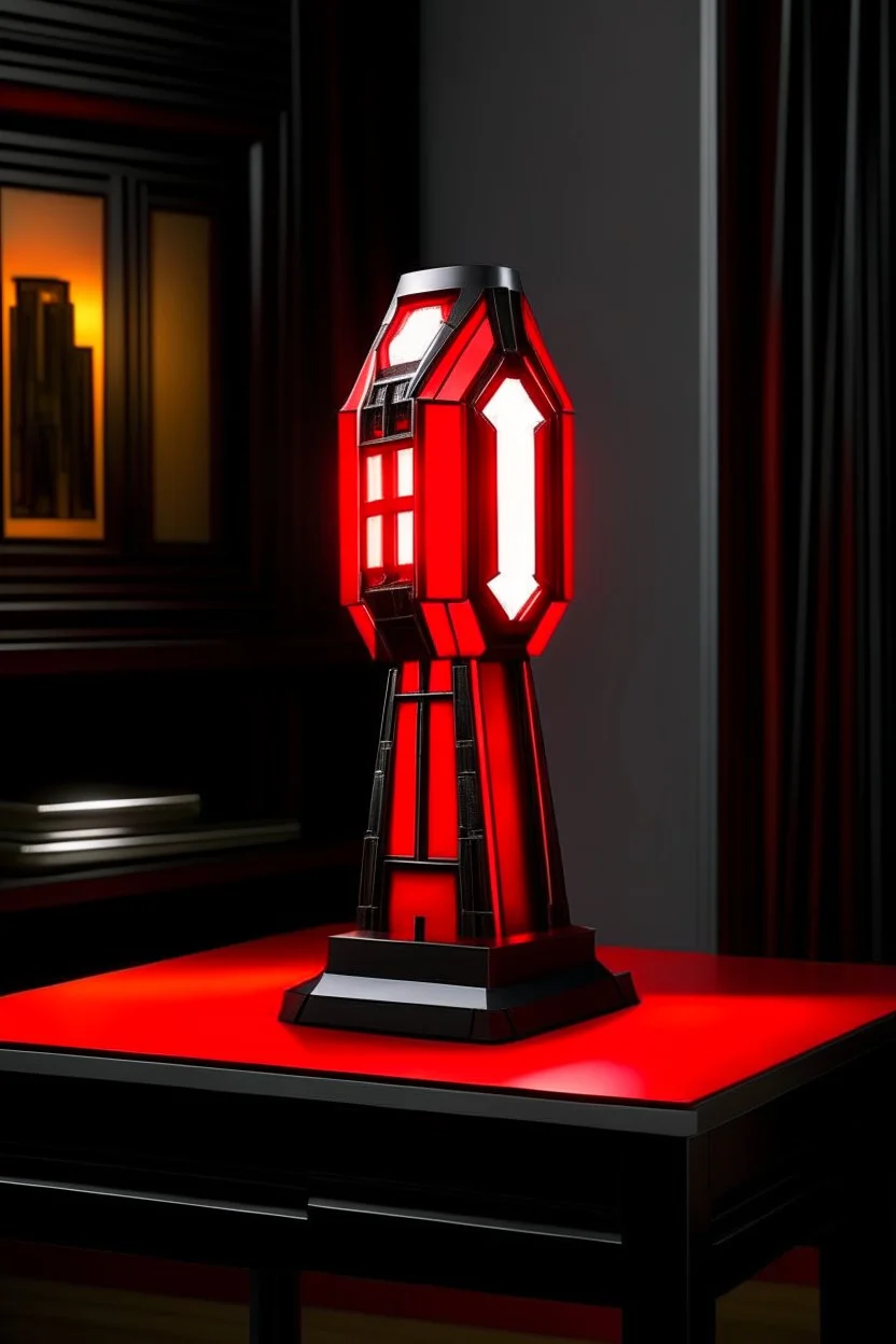 gaming table lamp inspired by avengers stark tower buliding architecture futuristic-modern stlye. geometric form, red and black color scheme