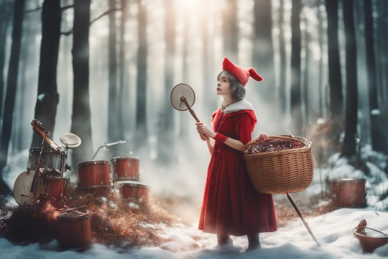 Double exposure, merged layers, Stage, stand-up microphone, drums, guitars, speakers, forest, Hansel and Gretel, Snow White walking with Robin Hood, midwife with an iron nose, Little Red Riding Hood with a basket on her arm, wolf horn on her head in sunshine, ethereal, cinematic postprocessing, bokeh, dof