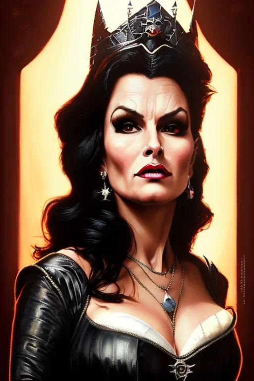 painting of lisa ann as evil queen in black leather, feminie, angry, stern look on her face, volouptous, busty, cleavage, emperious, mature, highly detailed, digital painting, artstation, concept art, smooth, sharp focus, illustration, art by gaston bussiere and alphonse mucha