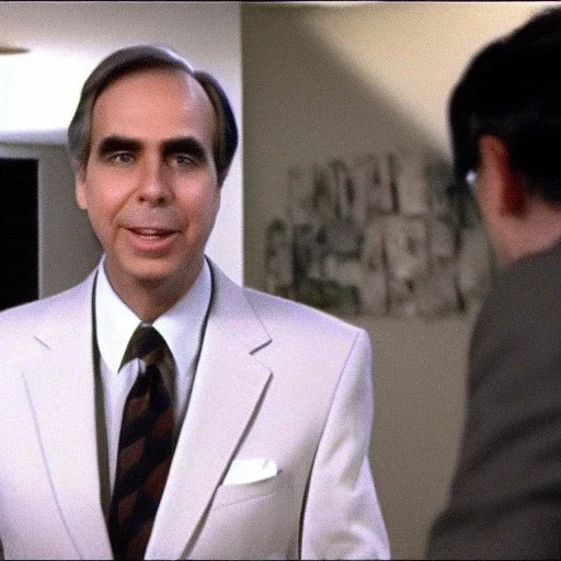 Tom Snyder in a suit leaning forward to talk to someone, 80's television screengrab