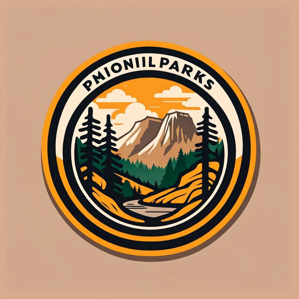 logo for a shop that installs tires and does oil changes, inside a shape with squared top and rounded bottom, in the style of national parks stickers