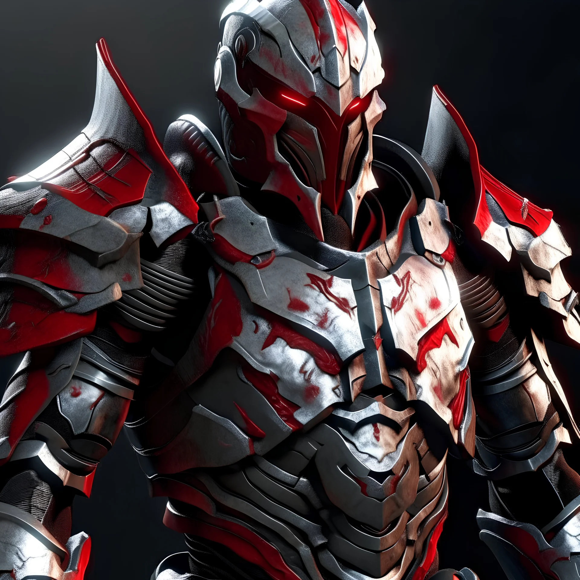 silver and crimson spartan armor with glowing red eyes, and a ghostly red flowing cape, crimson trim flows throughout the armor, the helmet is fully covering the face, black and red spikes erupt from the shoulder pads, crimson hair coming out the helmet, spikes erupting from the shoulder pads and gauntlets