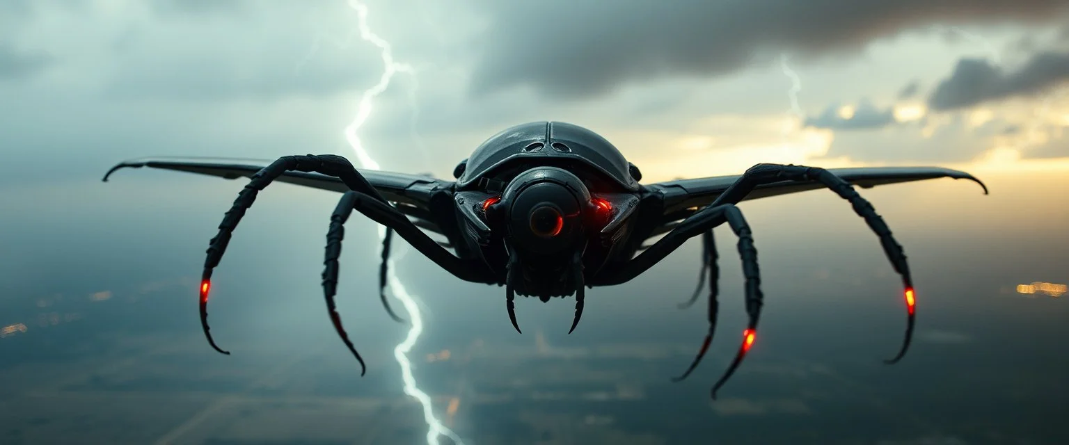 a high definition screen shot of a jet-fighter vw-beetle, retrofuturistic, phototrealism, in flight, one subject, thunderstorm enterprise Macabre Rapture End of days Revelation scene, grim reapler with 8 spider like eyes and a central eye to see else.