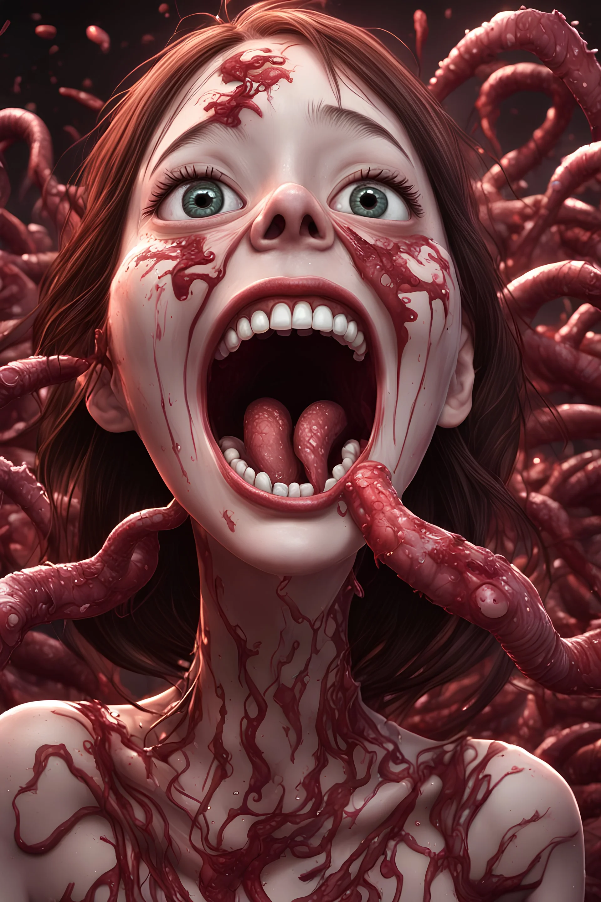 Woman with rare eyes,smiling meanwhile many worms streaming from his mouth, face distorted with pain, screaming, tears streaming, siting pose, fullbody, Junji Ito style, darkred tones,high detailed, 4k resolution, digital paiting, cute, art, no background 3d pixar disney the cinematic FKAA, TXAA, and RTX graphics technology employed for stunning detail.