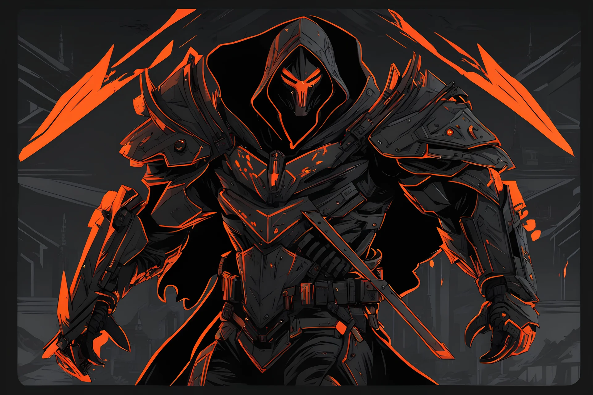 Warrior, solo leveling artstyle, black custom, Reaper them, neon orange details, machete, full body, apocalypse, intricate details, highly detailed, high details, detailed portrait, masterpiece,ultra detailed,best quality