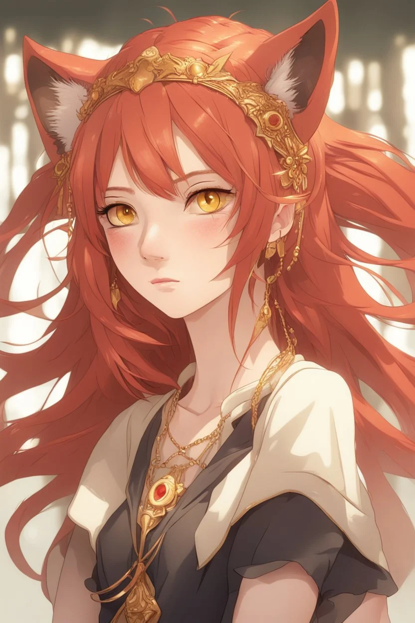 A young adult female with red hair and gold eyes, fox ears