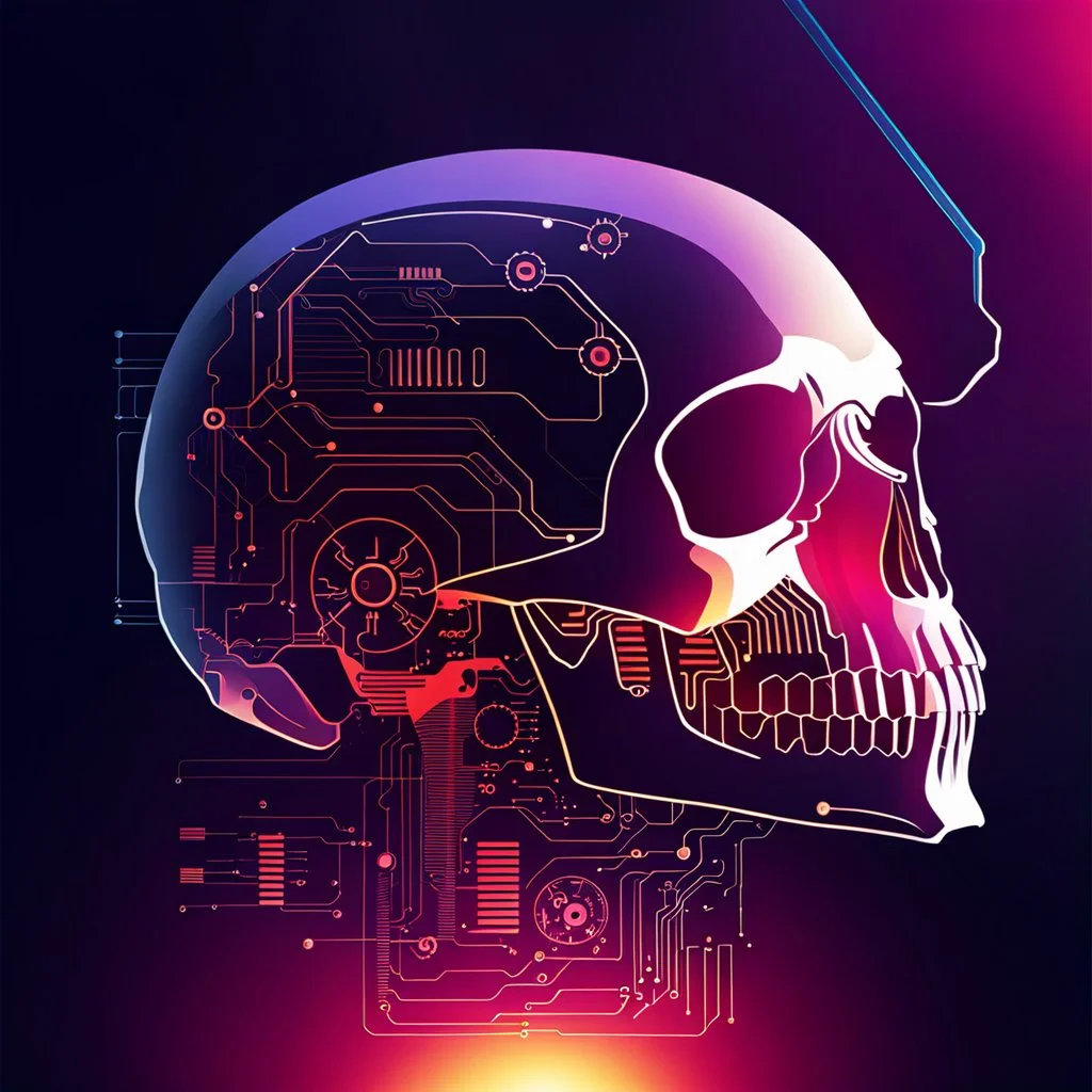 FLAT VECTOR LAYERED IMAGE OF CYBERNETIC SKULL PARTS IN A SCHEMATIC