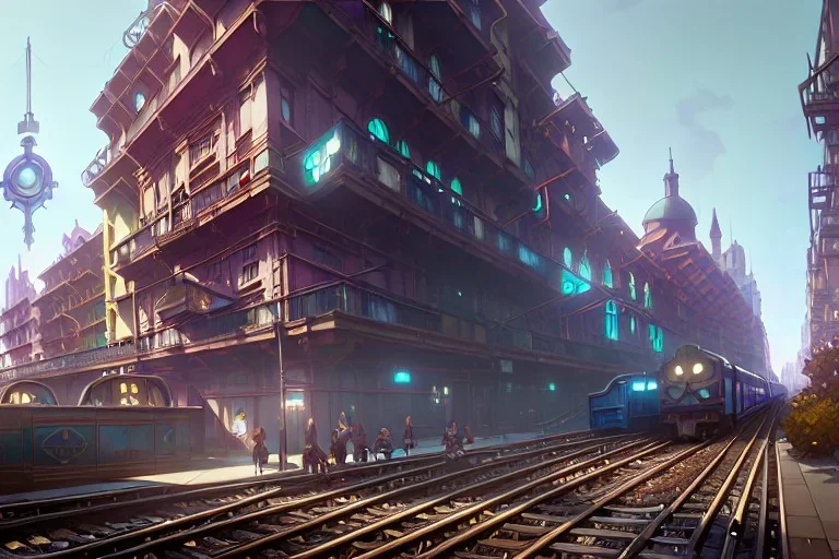 close up train+Elevated train+corner building+Italian colourful sea village +alphonse mucha, greg rutkowski,matte painting, cryengine, hyper detailed, felix kelly, fantasy art, seb mckinnon